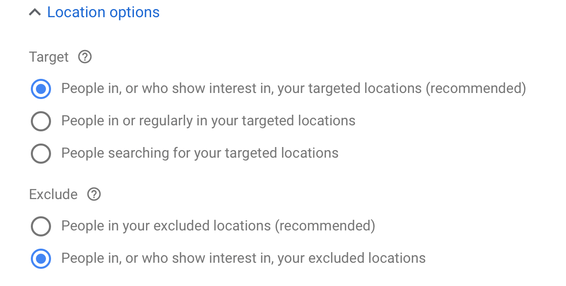 Location options which help a customer target potential customers for google ads campaign